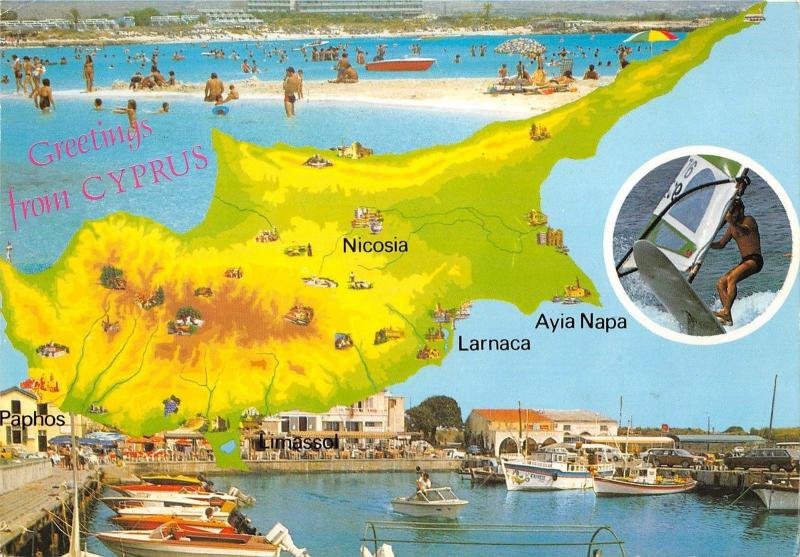 B96524 greetings from cyprus map cartes geographiques larnaca ayia napa