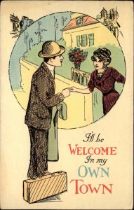 Art Deco Pretty Woman Welcomes Man to Town c1910 Postcard