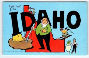 Greetings From Idaho Postcard Map Potato Butter Skier Farmers Fish Linen Kropp