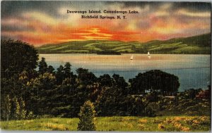 Deowongo Island Canadarago Lake, Richfield Springs NY Sunset Vtg Postcard F55