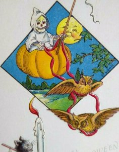 Halloween Postcard Grim Reaper Skeleton Fantasy Moon Owls Cat Signed E Von H