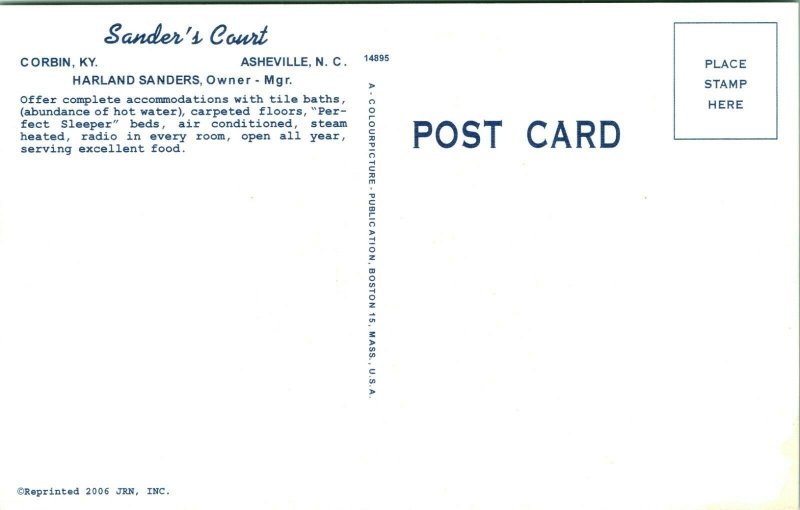 Vtg Linen Postcard - Corbin Kentucky - Sanders Court & Cafe - Unused Q21