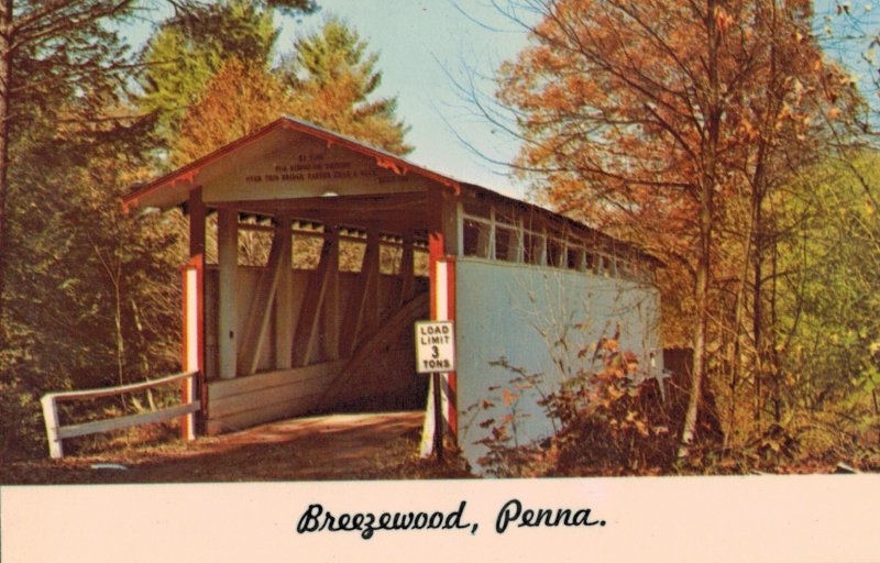 Covered Bridge Greetings from Breezewood PA Postcard The Town of Motels Turnpike