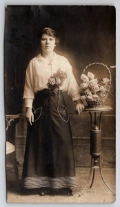 RPPC Lovely Woman Basket of Flowers Studio Photo Postcard G22