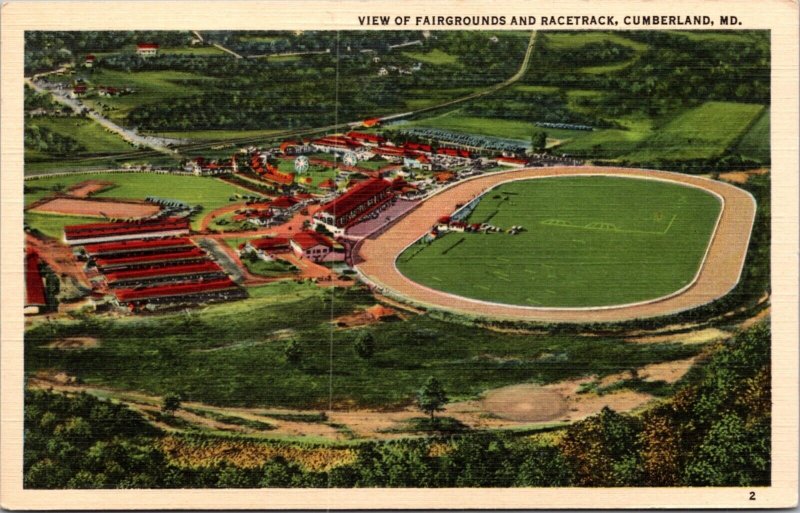 Linen Postcard Aerial View of Fairgrounds and Racetrack in Cumberland, Maryland