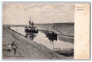 c1905 Steamship Scene Curve at Chantier Port Fouad City Egypt Antique Postcard