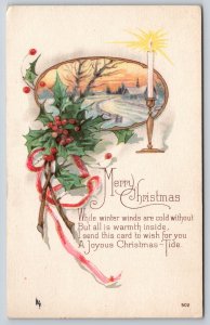 Greetings~Merry Christmas~Winter Scene W/ Holly & Candle~PM 1924~Karle Postcard