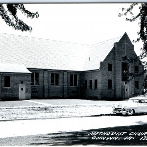 c1950s Onawa, IA RPPC Methodist Church Real Photo Cadillac Car Postcard Vtg A112