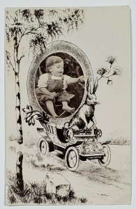 RPPC Easter Bunny Driving Automobile Child in Egg c1915 Real Photo Postcard V4