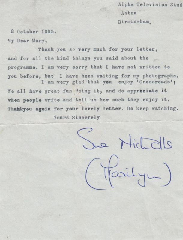 Sue Nicholls Coronation Street from CROSSROADS 1965 Letter Hand Signed Letter