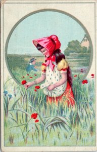 Trade Card - Woolson Spice - Girl in red bonnet picking flowers in field