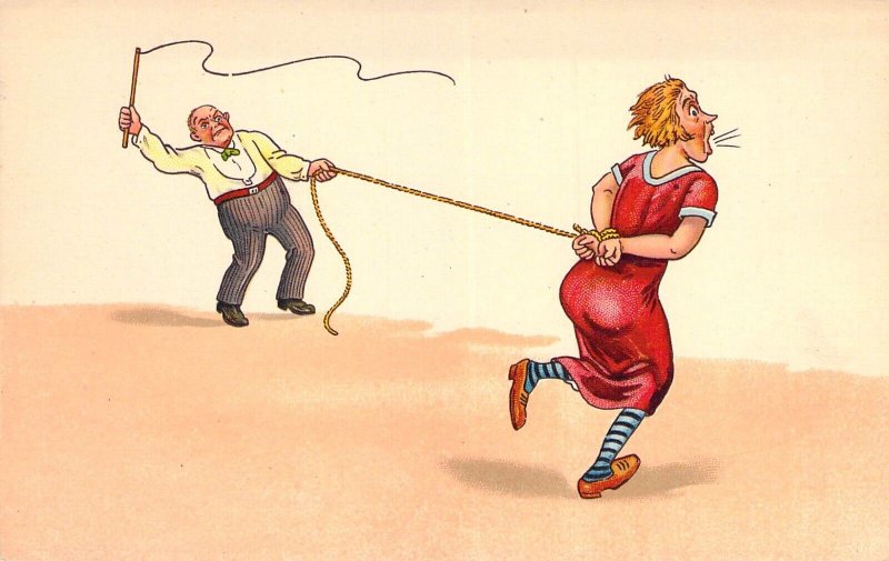 c.'07, Early European Humor, Man Whipping a Tied Up Woman, Old Postcard