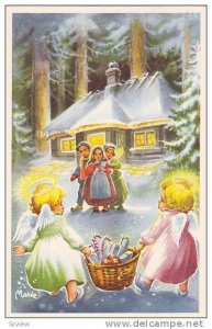 Artist Signed, Marie,Angels bringing basketful of gifts to waiting children o...