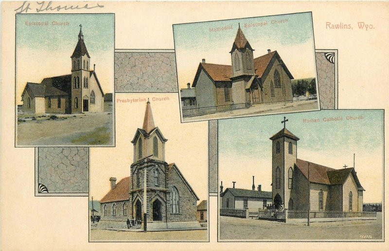 Postcard C-1910 Wyoming Rawlins multi View Churches Hand colored WY24-2294