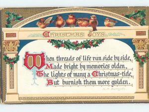 Pre-Linen christmas MANY BIRDS SITTING ABOVE HM BURNSIDE QUOTE hr2714