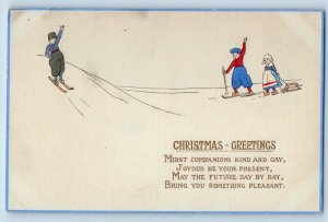 Christmas Postcard Greetings Dutch Kids Skiing Winter Embossed c1910's Antique