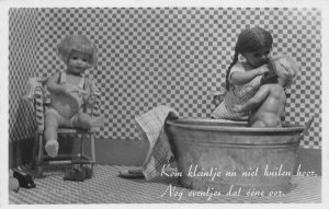 Baby Dolls in Bath Bathing Scene Real Photo Vintage Postcard AA72293