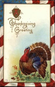 THANKSGIVING Turkey w Flowers PATRIOTIC BORDER GILT INLAY c1910 Postcard