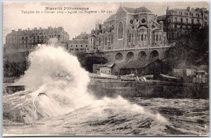 VINTAGE POSTCARD WAVES APPROACH THE CHURCH OF ST EUGENIE AT BIARRITZ FRANCE 1904