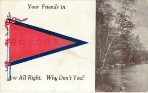 Vintage Postcard Banner Flag Pennant Roscoe IL Winnebago County
