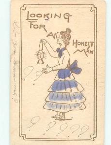 Pre-Linen Comic WOMAN WITH LANTERN IS LOOKING FOR AN HONEST MAN AB9675