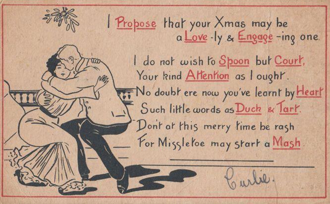 Spooning Get Engaged at Christmas Court Duck & Tart Antique Poetry Postcard