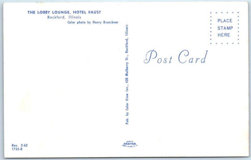 ROCKFORD, Illinois IL   Roadside  LOBBY LOUNGE at HOTEL FAUST  ca 1950s Postcard