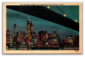 Financial District and Skyline Night VIew New York City NY Linen Postcard S25