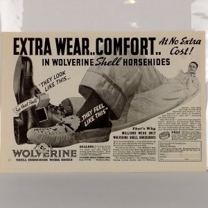 1936 Wolverine Shell Horsehide Work Shoes Vintage Print Ad Extra Wear Comfort