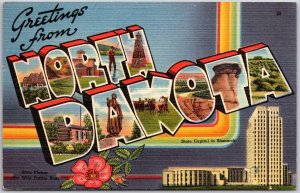 1950's Greetings from North Dakota Large Letter Posted Capitol Posted Postcard