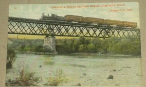 VINTAGE UNUSED POSTCARD CHICAGO & N.W.BRIDGE ROCK RIVER WISC. PENNY POSTCARD