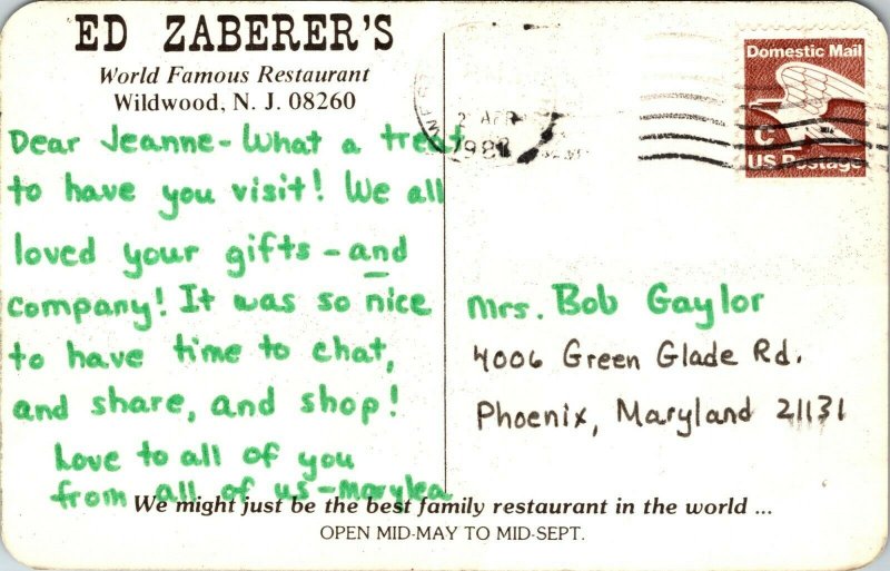 1960s Ed Zaberer's Just Be the Best Family Restaurant World Wildwood NJ POSTCARD 