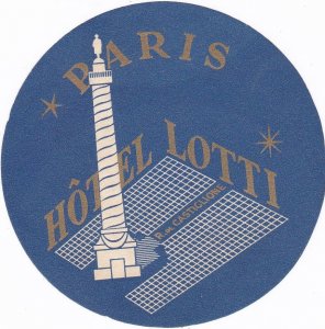 France Paris Hotel Lotti Vintage Luggage Label sk3542