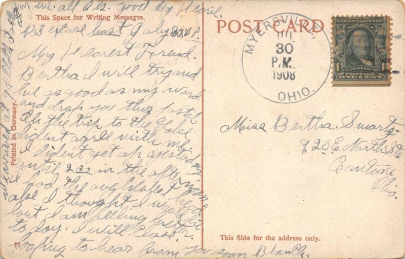 AKRON OHIO CITY HOSPITAL POSTCARD 1908 POSTMARK MYERSVILLE OHIO