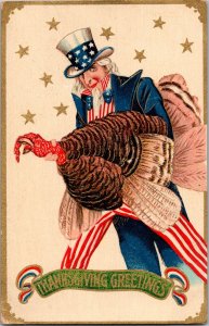 Patriotic Uncle Sam Turkey Thanksgiving Greetings 1907 Postcard JO5