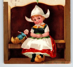 Christmas Postcard Ellen Clapsaddle Dutch Girl Wood Shoes Germany 1907 Embossed