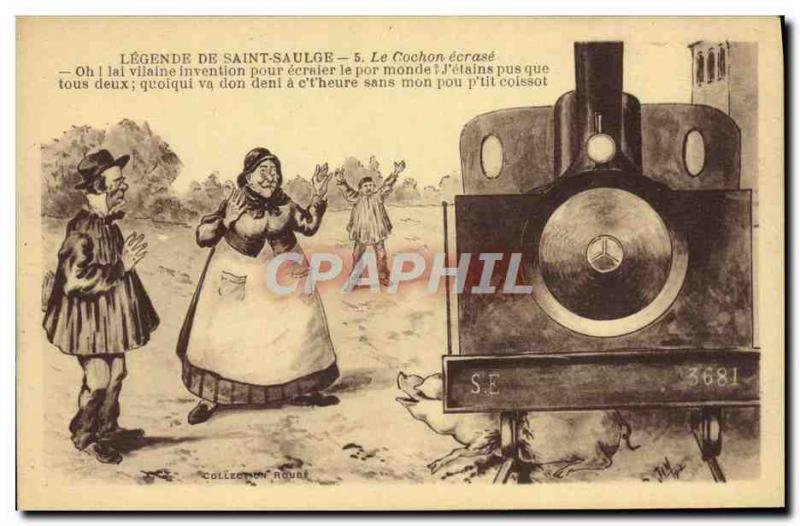 Old Postcard Train legend of St Saulge Pig Pig crushed