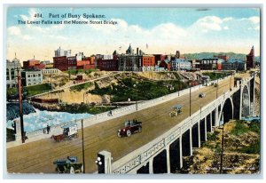 1921 Part Busy Spokane Lower Falls Monroe Street Bridge Washington WA Postcard