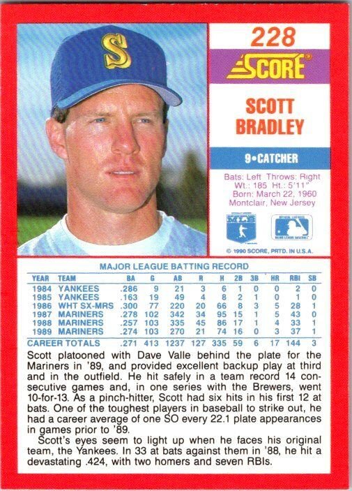 1990 Score Baseball Card Scott Bradley Seattle Mariners sk2669