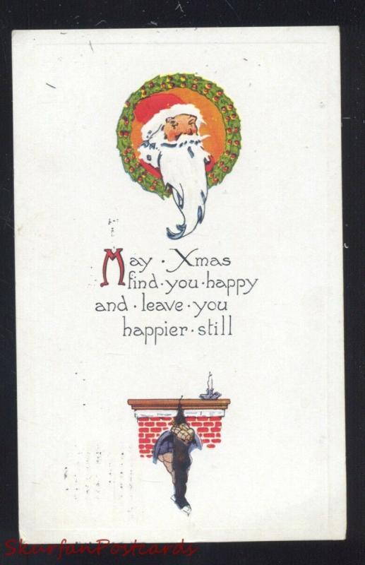 HAPPY XMAS SANTA CLAUS IN WREATH ANTIQUE VINTAGE CHRISTMAS POSTCARD SEAL