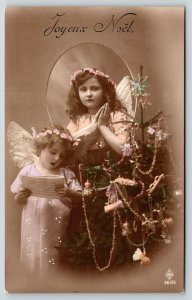 Christmas~Big & Little Sister Angel Girls~Decorated Tinsel Tree~Colorized RPPC