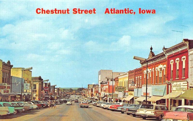 Atlantic IA Chestnut Street Storefronts Old Cars Postcard