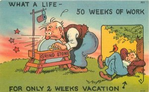 Fox Comic Humor Grind Stone Vacation #851 Tichnor linen 1951 Postcard 20-8647