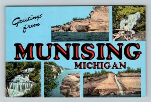 Munising MI-Michigan, LARGE LETTER Greetings, Linen Postcard