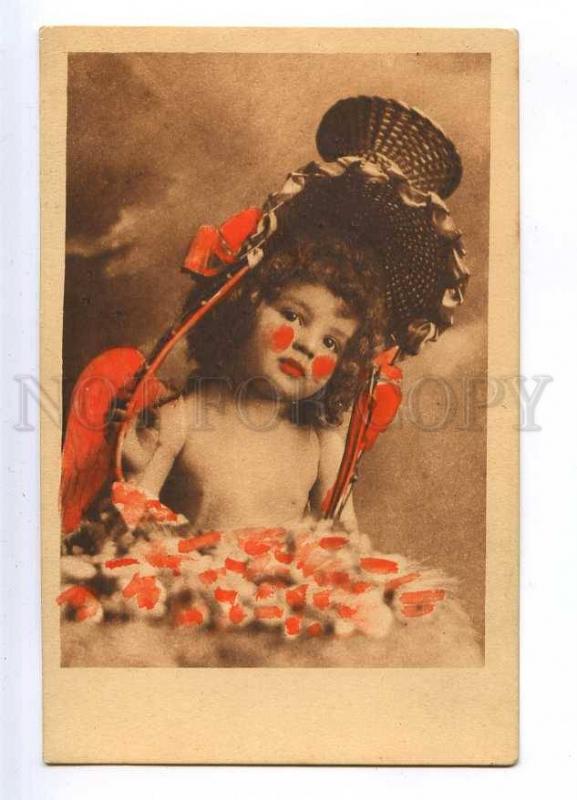 187071 Nude Child WINGED ANGEL w/ BASKET as HAT Vintage PC