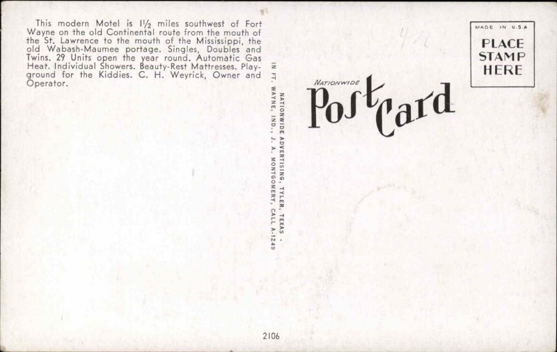 Fort Wayne Indiana IN Country Club Motel c1940s-50s Postcard