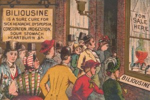 1880-90's Crowd Looking at Window Biliousine Sour Stomach Heartburn Trade Card