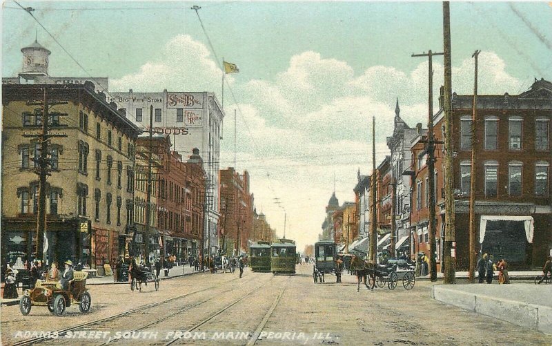Postcard Illinois Peoria Adams Street Trolley Tracks C-1910 Wheelock 23-8410