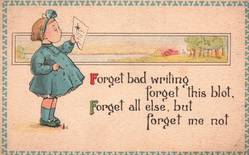 1916 Girl Holding a Letter Blue Dress Ribbon Forget Me Not Vintage Postcard