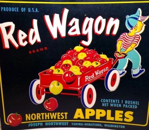 Red Wagon Apple Fruit Crate Label Boy Carts Red & Gold Bushel 1940's Vintage